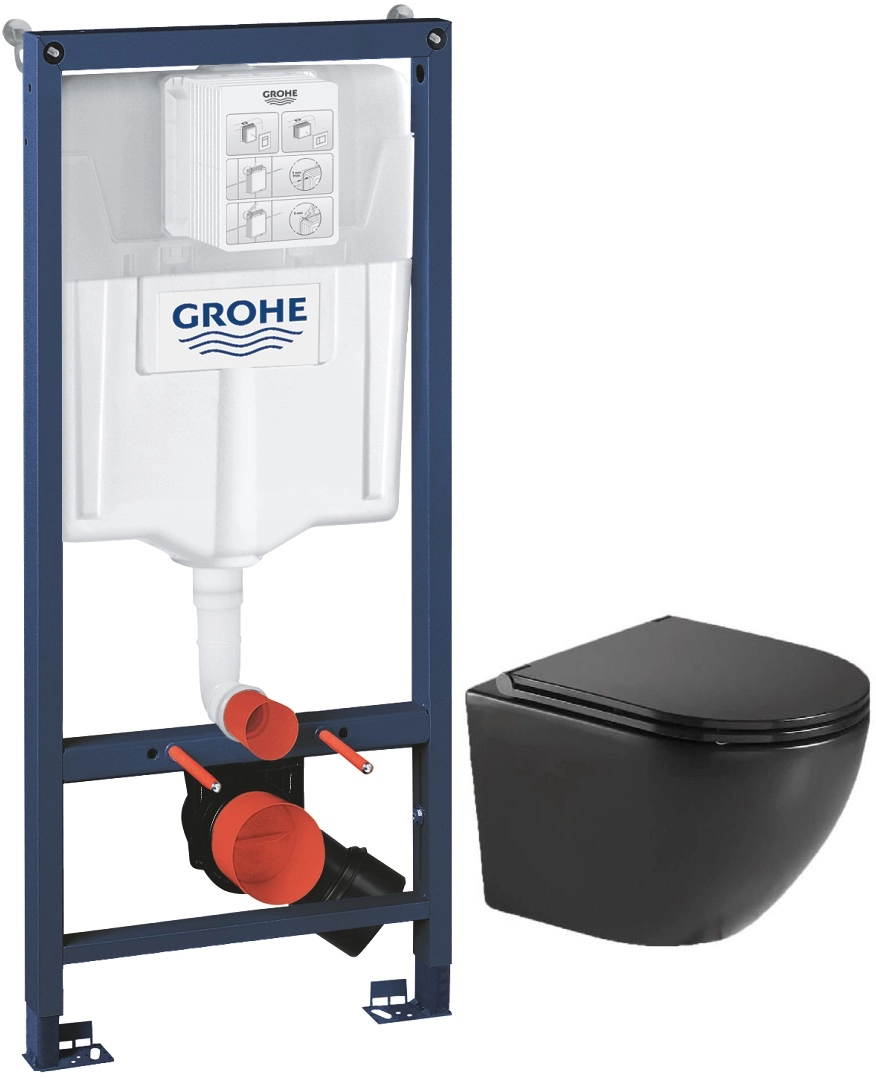 Emporia Nox miska WC wisząca 49x37 cm z deską wolnoopadającą czarny + Grohe Rapid SL 2w1 - stelaż podtynkowy do montażu WC ściennego 38536001+LT-052E-R